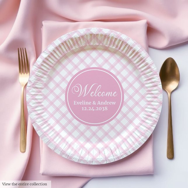 Kids Birthday Paper Plates Pink Plaid Elegant Chic (Kids Birthday Paper Plates Pink Plaid Elegant Chic)