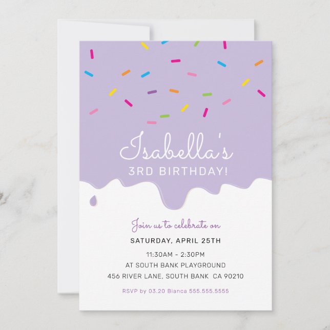 KIDS BIRTHDAY PARTY cake drips sprinkles purple Invitation (Front)