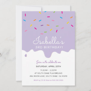 KIDS BIRTHDAY PARTY cake drips sprinkles purple Invitation