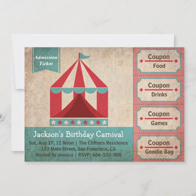 Kids Birthday Party - Carnival Admission Ticket Invitation (Front)