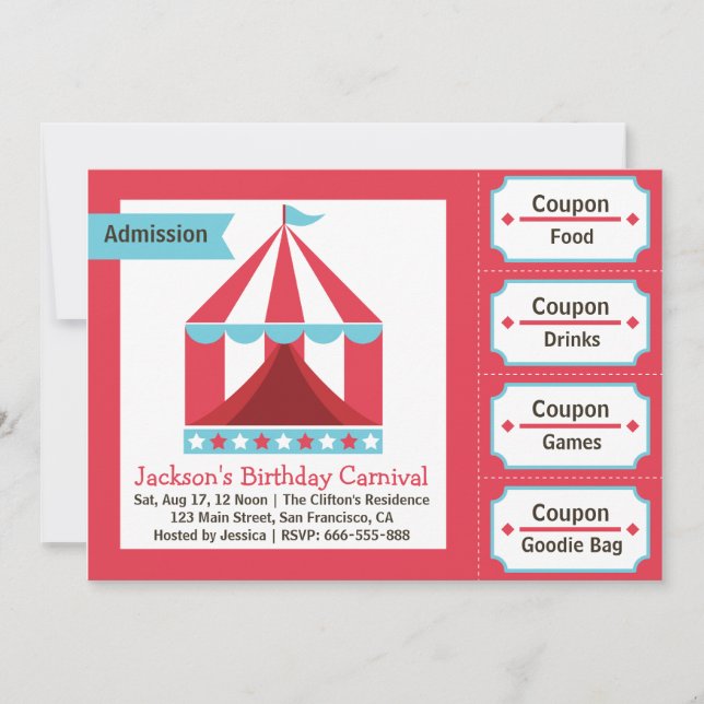 Kids Birthday Party - Carnival Admission Ticket Invitation (Front)