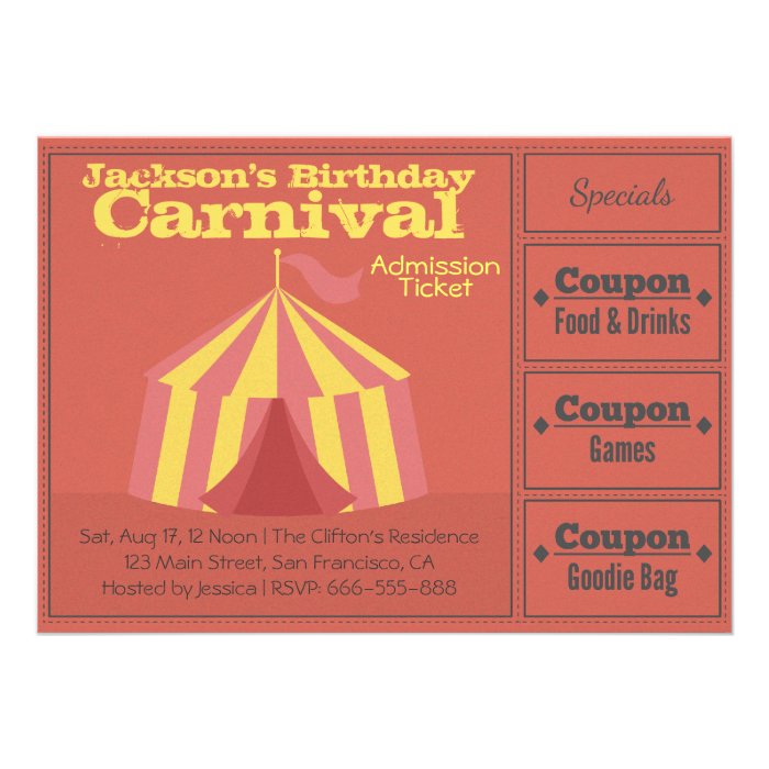 Kids Birthday Party Carnival Admission Ticket Personalized Invites