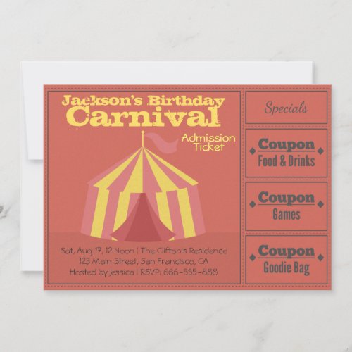 Kids Birthday Party Carnival Admission Ticket Invitation