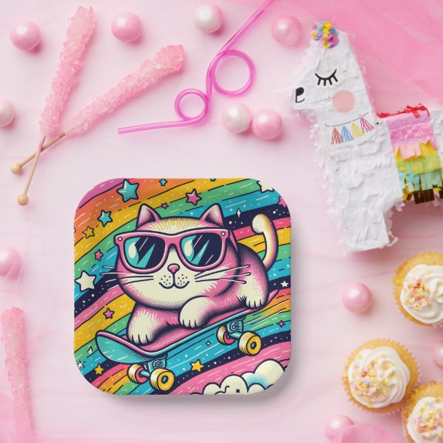 Kids Birthday Party Cat Cartoon Paper Plates (Party)