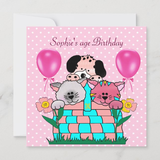 Kid's Birthday Party Cats Dogs Balloons Invitation (Front)