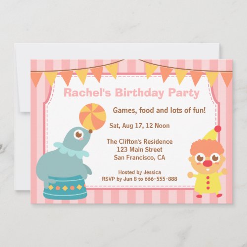 Kids Birthday Party _ Circus Clown and Sea lion Invitation