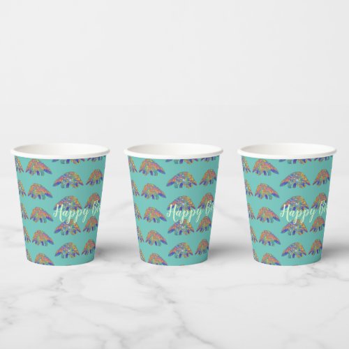 Kids Birthday Party Colorful Pangolin Teal Name Paper Cups