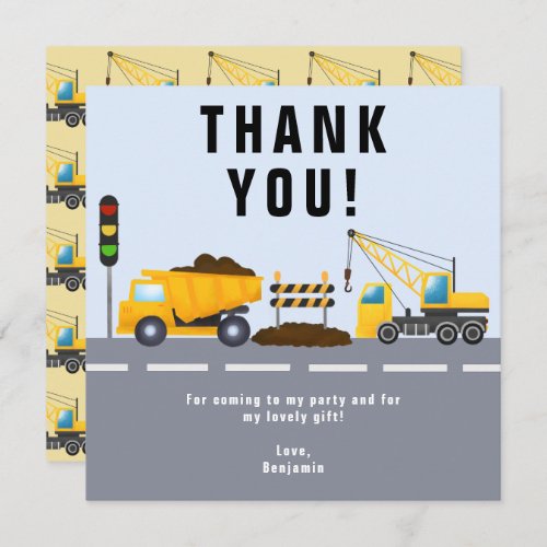 Kids Birthday Party Construction Truck Thank You Card