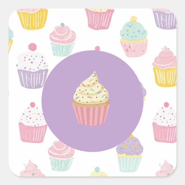 kids birthday party cupcake pastel pattern square sticker (Front)