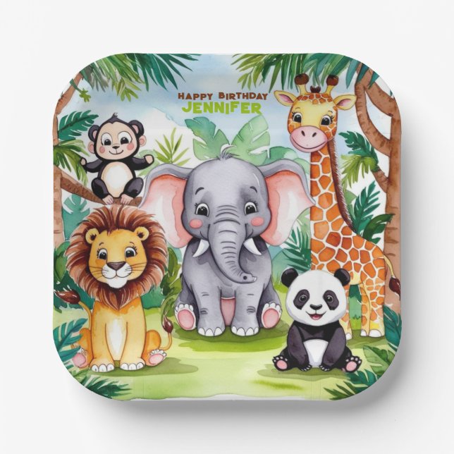 Kids Birthday Party Cute Animals Safari Jungle  Paper Plates (Front)