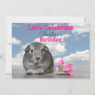 Kid's Birthday Party Cute Guinea Pig Pink Flowers Invitation