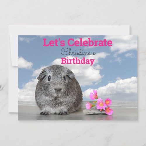 Kids Birthday Party Cute Guinea Pig Pink Flowers Invitation