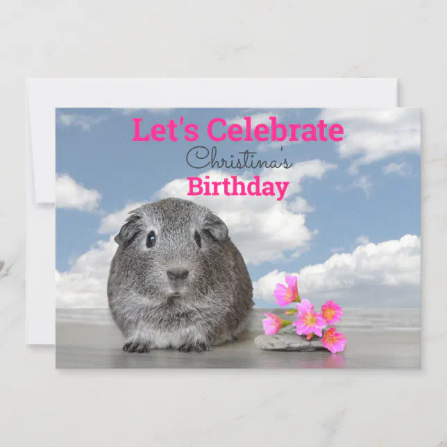 Kid's Birthday Party Cute Guinea Pig Pink Flowers Invitation | Zazzle