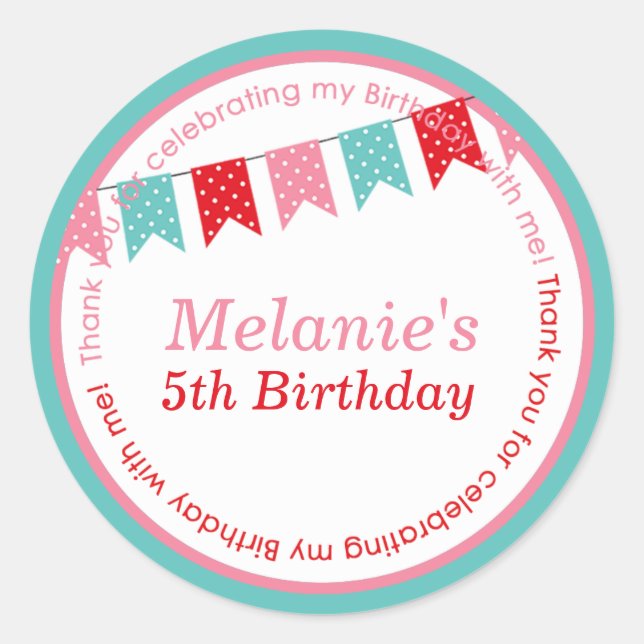 Kids birthday party DIY bunting stickers favors (Front)
