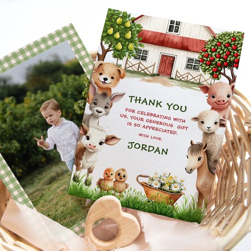 Kids Birthday Party Farm Animals for Boy Photo Thank You Card