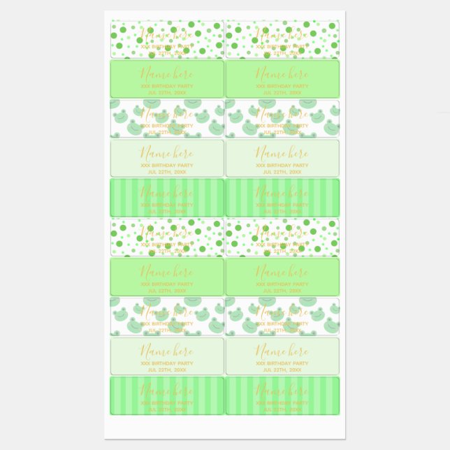 Kids Birthday Party Favors Frog Theme Labels (Sheet)