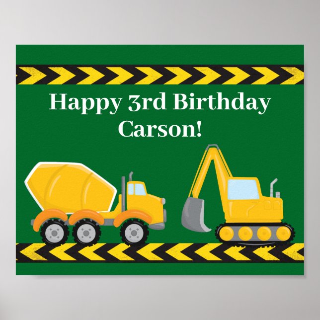 Kids Birthday Party Green Construction Trucks Poster (Front)