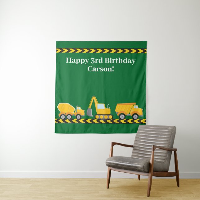 Kids Birthday Party Green Construction Trucks Tapestry (In Situ)