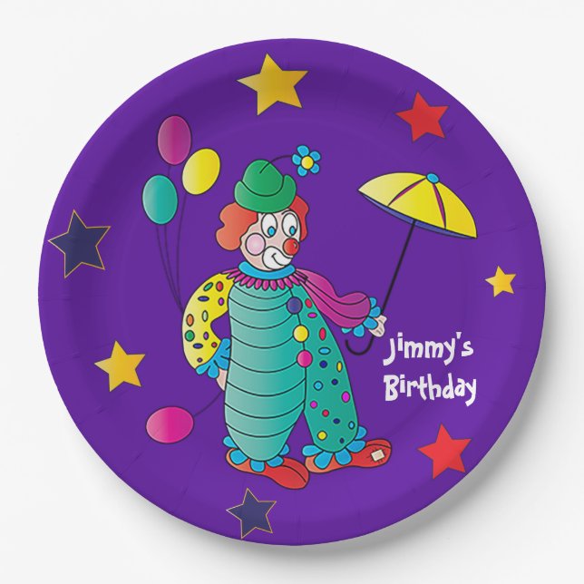 Kid's Birthday Party Happy Clown with Balloons Paper Plates (Front)