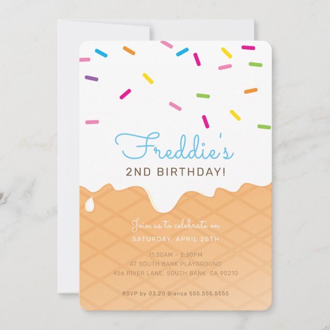 KIDS BIRTHDAY PARTY ice cream cone blue sprinkles Invitation (Front)