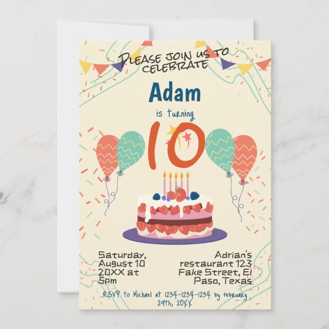 Kids birthday party invitation: balloons, confetti invitation (Front)