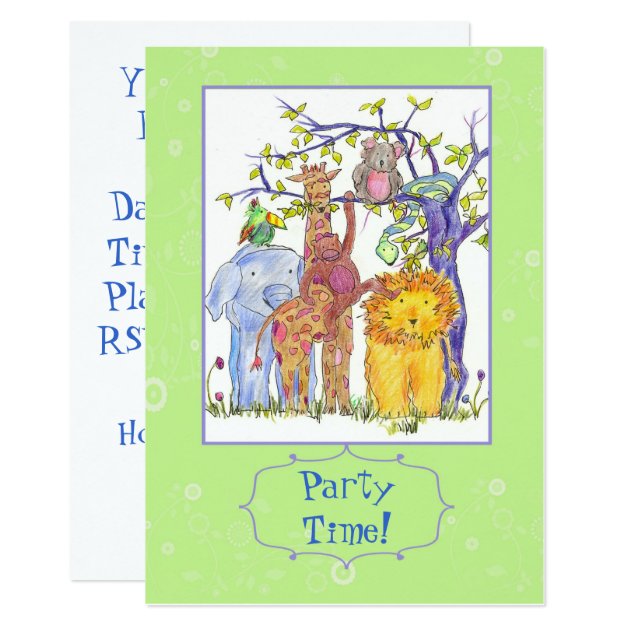 Kids Birthday Party Invitation Zoo Animals Art