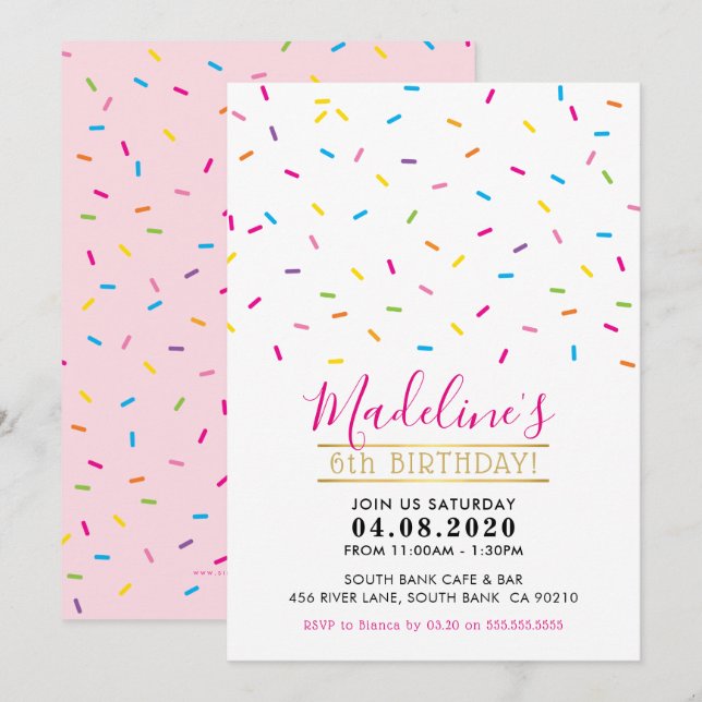 KIDS BIRTHDAY PARTY INVITE cute colorful sprinkles (Front/Back)