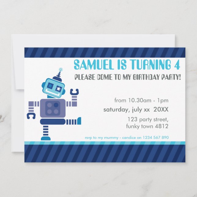 KIDS BIRTHDAY PARTY INVITE cute dancing robot (Front)