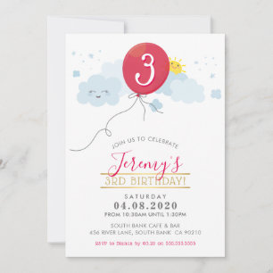 KIDS BIRTHDAY PARTY INVITE cute red balloon clouds