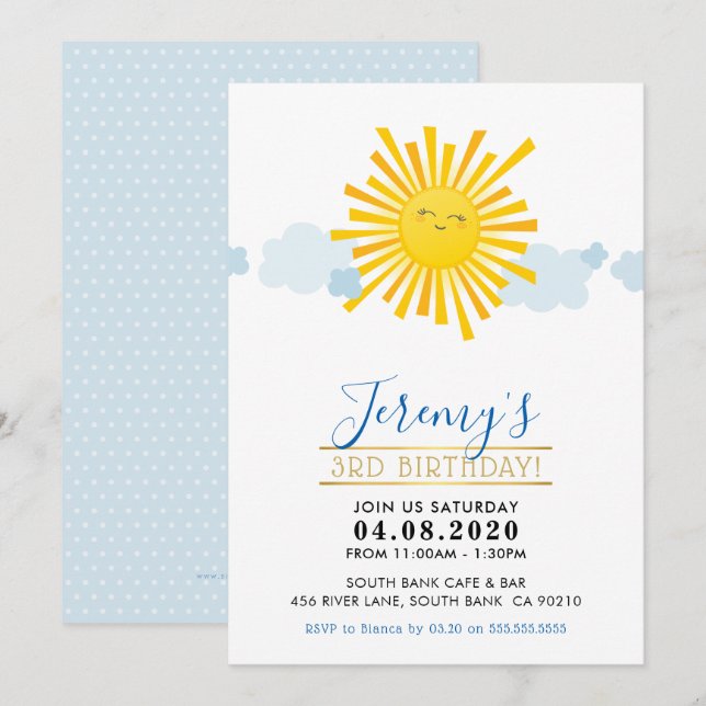 KIDS BIRTHDAY PARTY INVITE kawaii smiling sun boy (Front/Back)