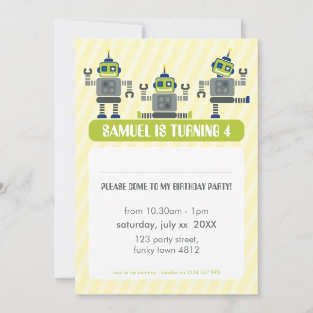 KIDS BIRTHDAY PARTY INVITE modern robot trio (Front)