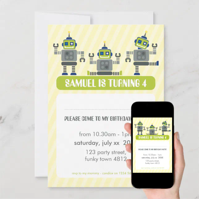 KIDS BIRTHDAY PARTY INVITE modern robot trio | Zazzle