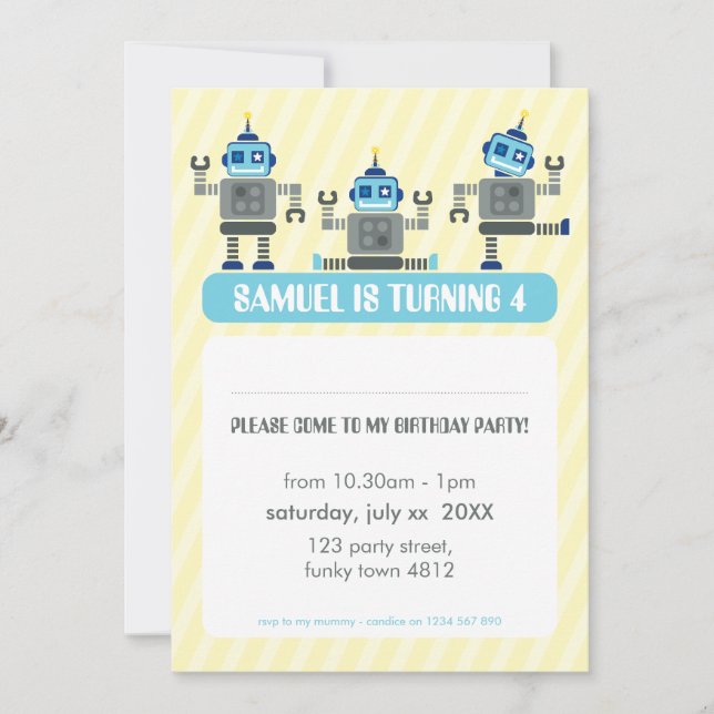 KIDS BIRTHDAY PARTY INVITE modern robot trio (Front)