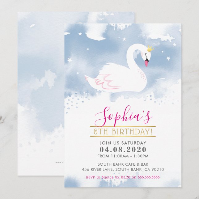 KIDS BIRTHDAY PARTY INVITE swan princess gold blue (Front/Back)