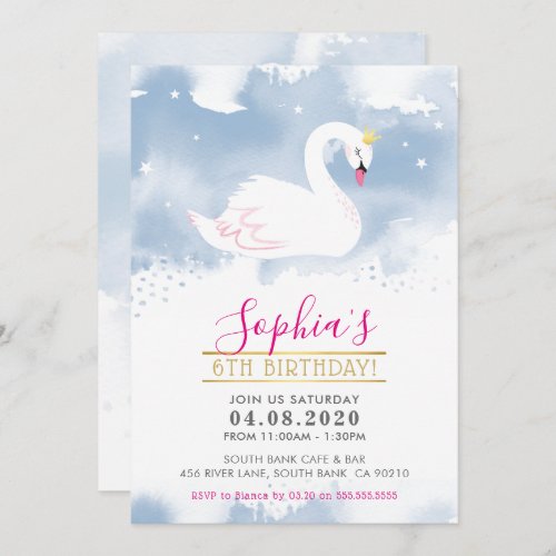 KIDS BIRTHDAY PARTY INVITE swan princess gold blue