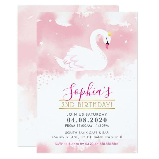 KIDS BIRTHDAY PARTY INVITE Swan Princess Gold Pink