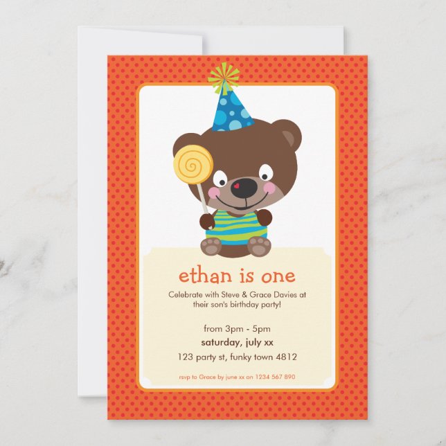 KIDS BIRTHDAY PARTY INVITE teddybear lollipop (Front)