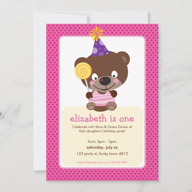 KIDS BIRTHDAY PARTY INVITE teddybear lollipop (Front)