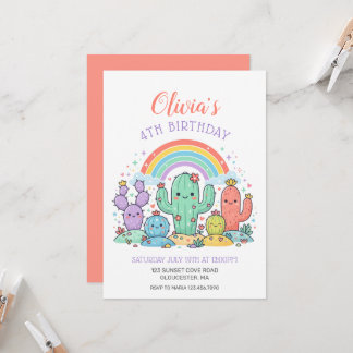 KIDS BIRTHDAY PARTY Kawaii Rainbow Cactus cute Invitation