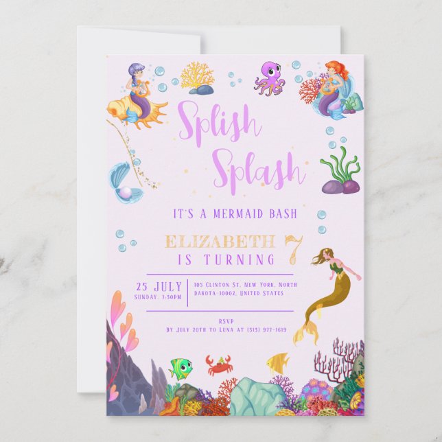 Kids Birthday Party Mermaid Theme Colorful Invitation (Front)
