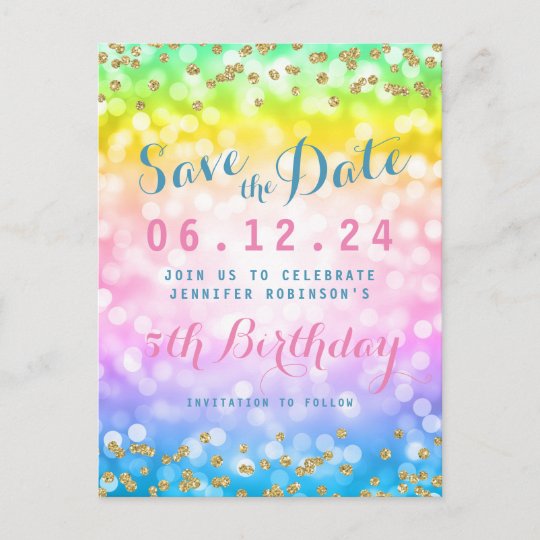 Kids Birthday Party Save The Date Unicorn Rainbow Announcement Postcard