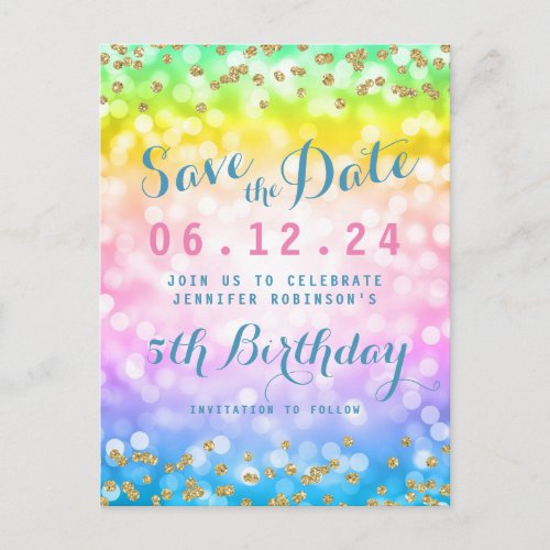 Kids Birthday Party Save The Date Unicorn Rainbow Announcement Postcard