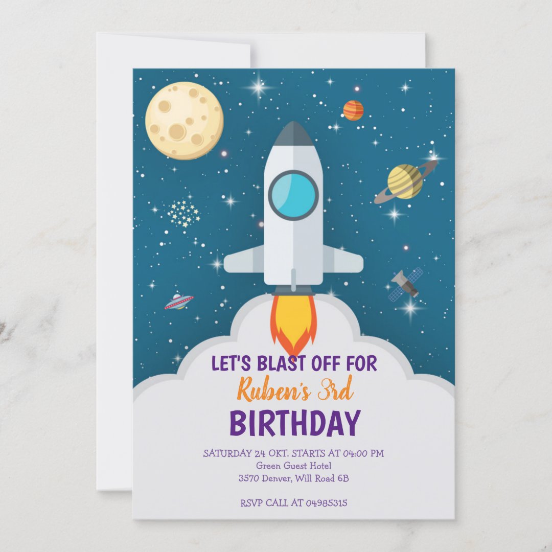 Kids birthday party spaceship blast off invitation | Zazzle