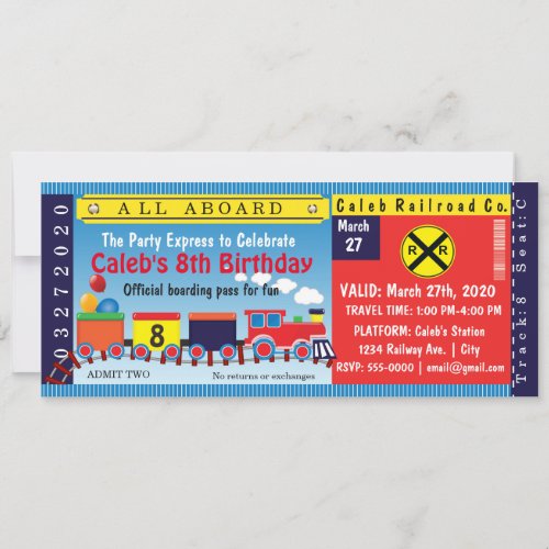 Kids Birthday Party Travel Train Ticket Invitation