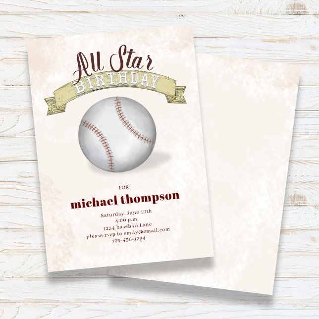 Kid's Birthday Party Vintage Baseball Custom Invitation (All Star Birthday Party Custom Invitation.)