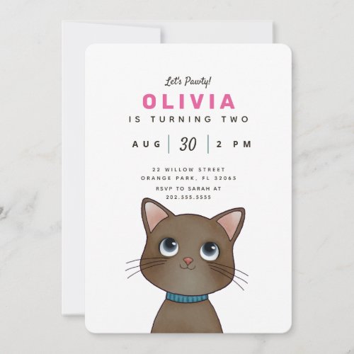 Kids birthday party with cute little kitten invitation