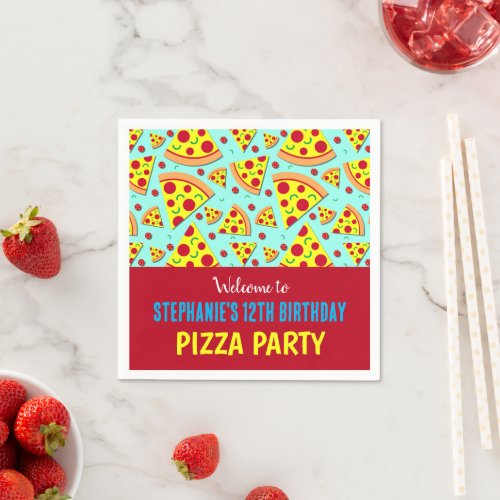 Kids Birthday Pepperoni Pizza Patterned Party Napkins