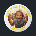 Kids Birthday Photo Button With Name And Age<br><div class="desc">Customizable photo,  name and age happy birthday button for children. White Frame and yellow font.</div>