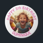 Kids Birthday Photo Button With Name And Age<br><div class="desc">Customizable photo,  name and age happy birthday button for children. White Frame and pink text.</div>