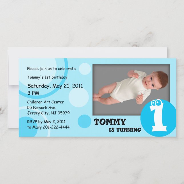 Kids Birthday Photo Card Blue Dots (Front)